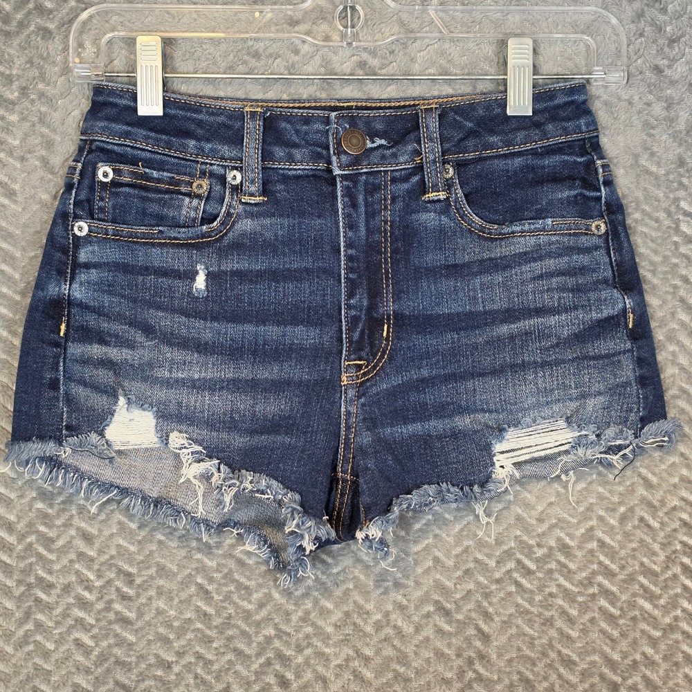 American Eagle Shortie Hi-Rise Festival Denim Shorts Dark Wash Distressed Sz 00